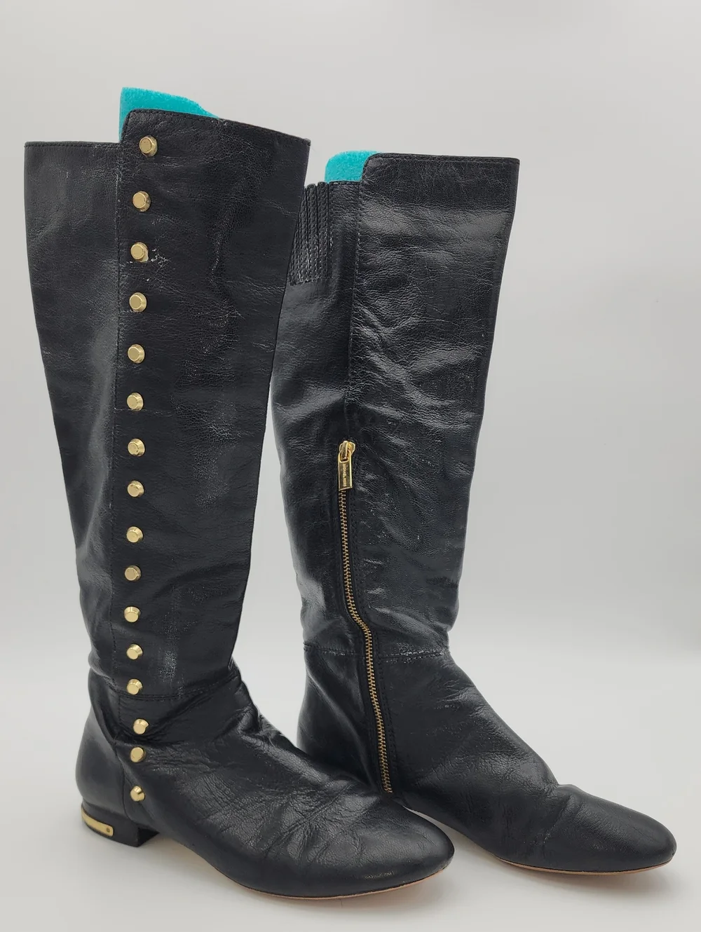 Michael Kors Black Leather Over-the-Knee Boots with Gold Studs